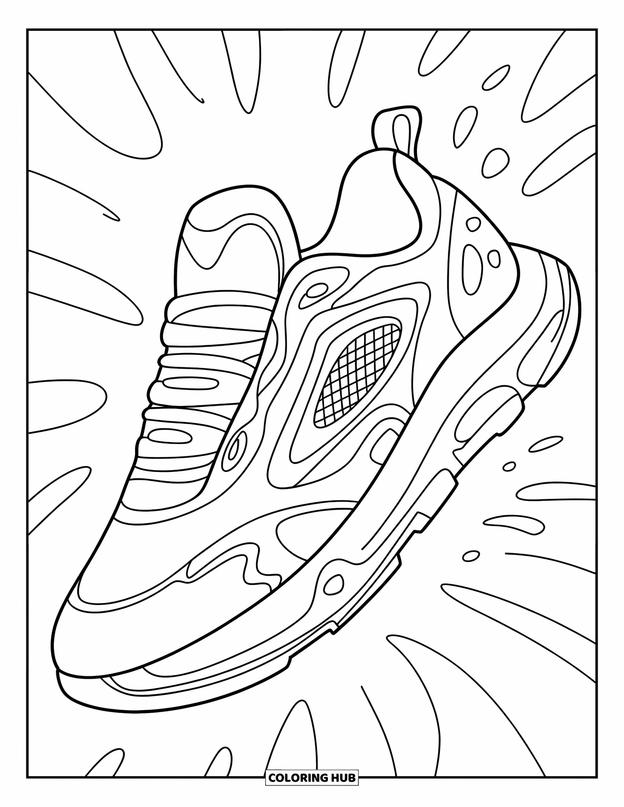Sneaker Coloring Page for Kids: A futuristic sneaker with bold mesh and a layered sole moves through radiating lines