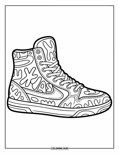 Coloriage de baskets pour enfants : Une basket style graffiti remplie de formes, de lignes et de lettres ludiques vole la vedette
