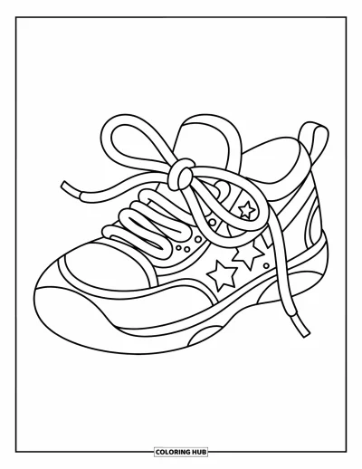 Coloriage de baskets pour enfants : Une basket joyeuse avec des points et des étoiles arbore une bannière "Kick It!" sur le côté