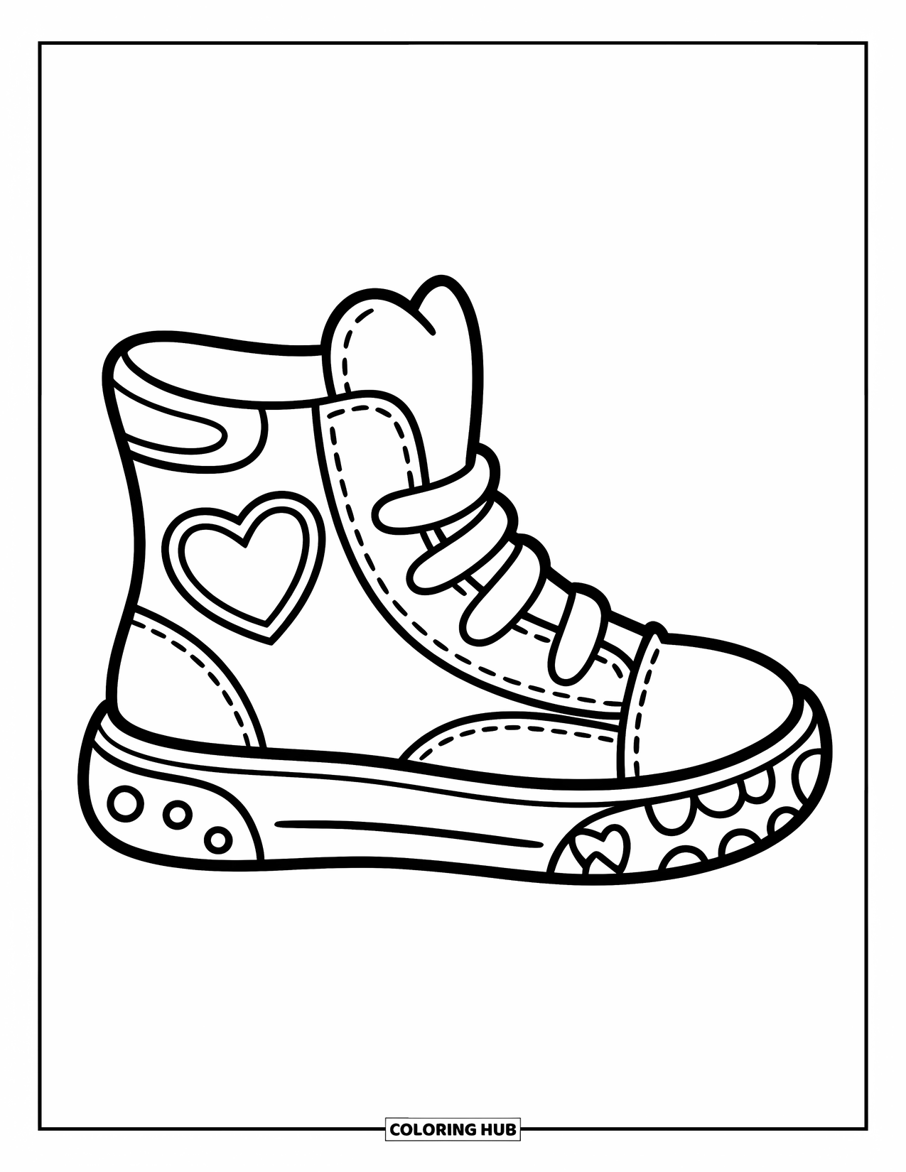 Sneaker Coloring Page for Kids: A heart-covered sneaker rests on a platform with dots and stars on the sole