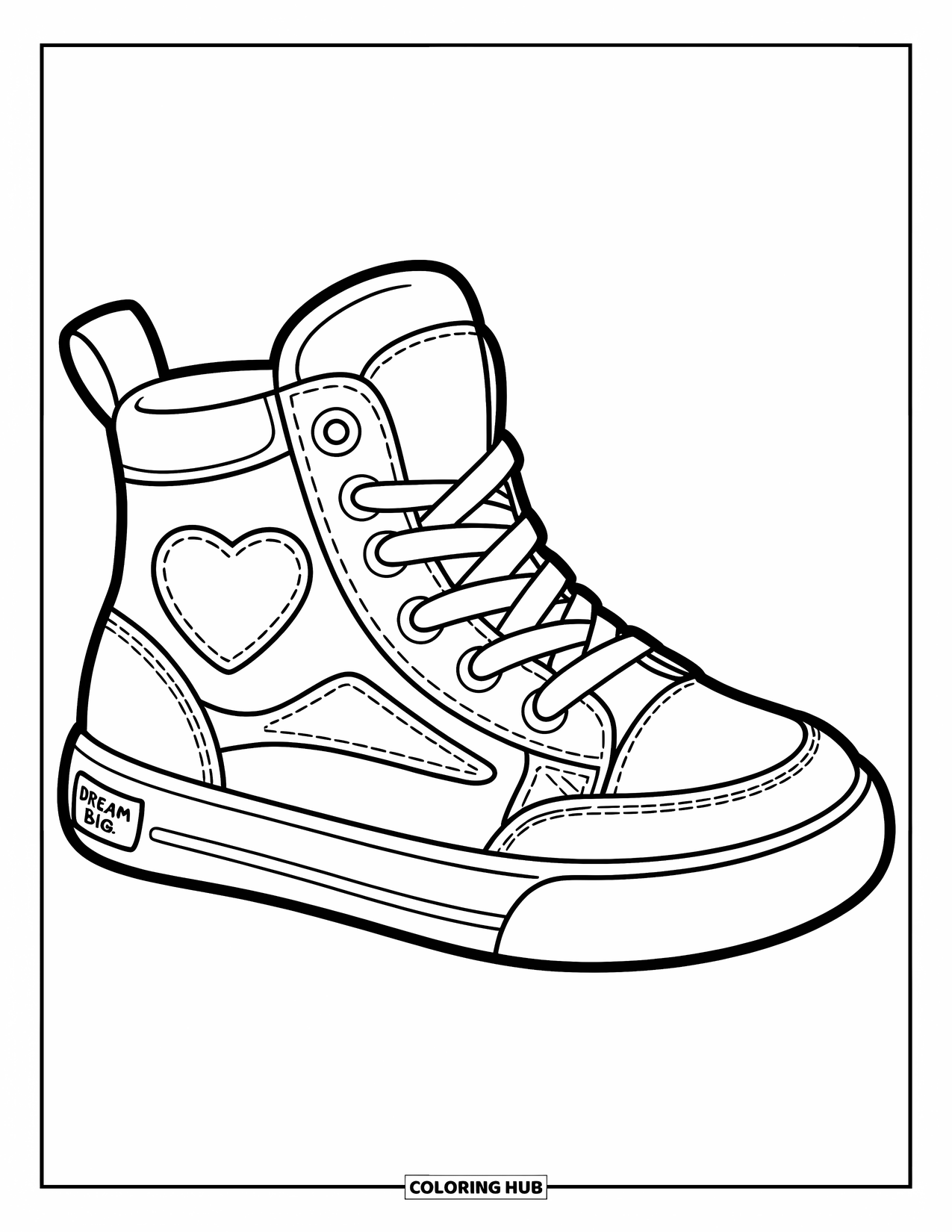 Sneaker Coloring Page for Kids: A heart-decorated sneaker with a "Dream Big" tag shows off bold laces and stitching