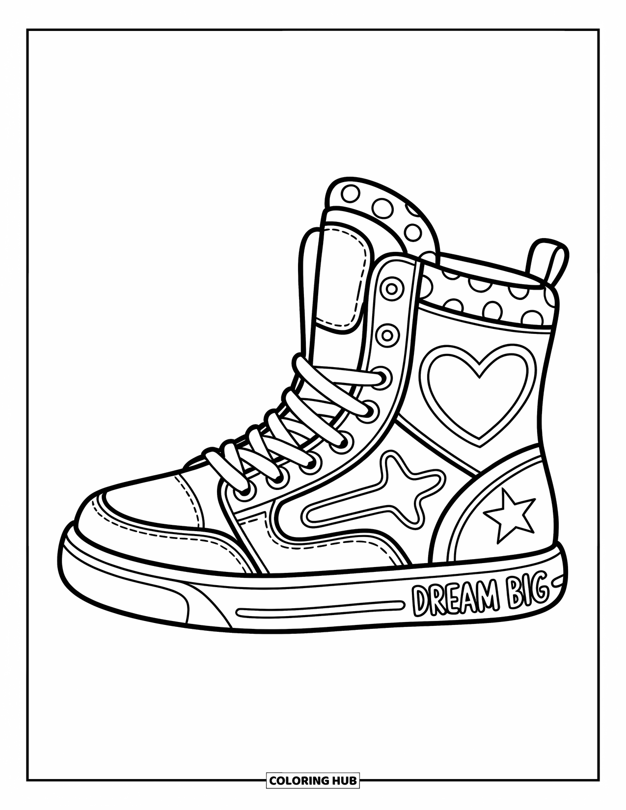 Sneaker Coloring Page for Kids: A heart patch and polka-dot tongue give this sneaker a dreamy "Dream Big" vibe