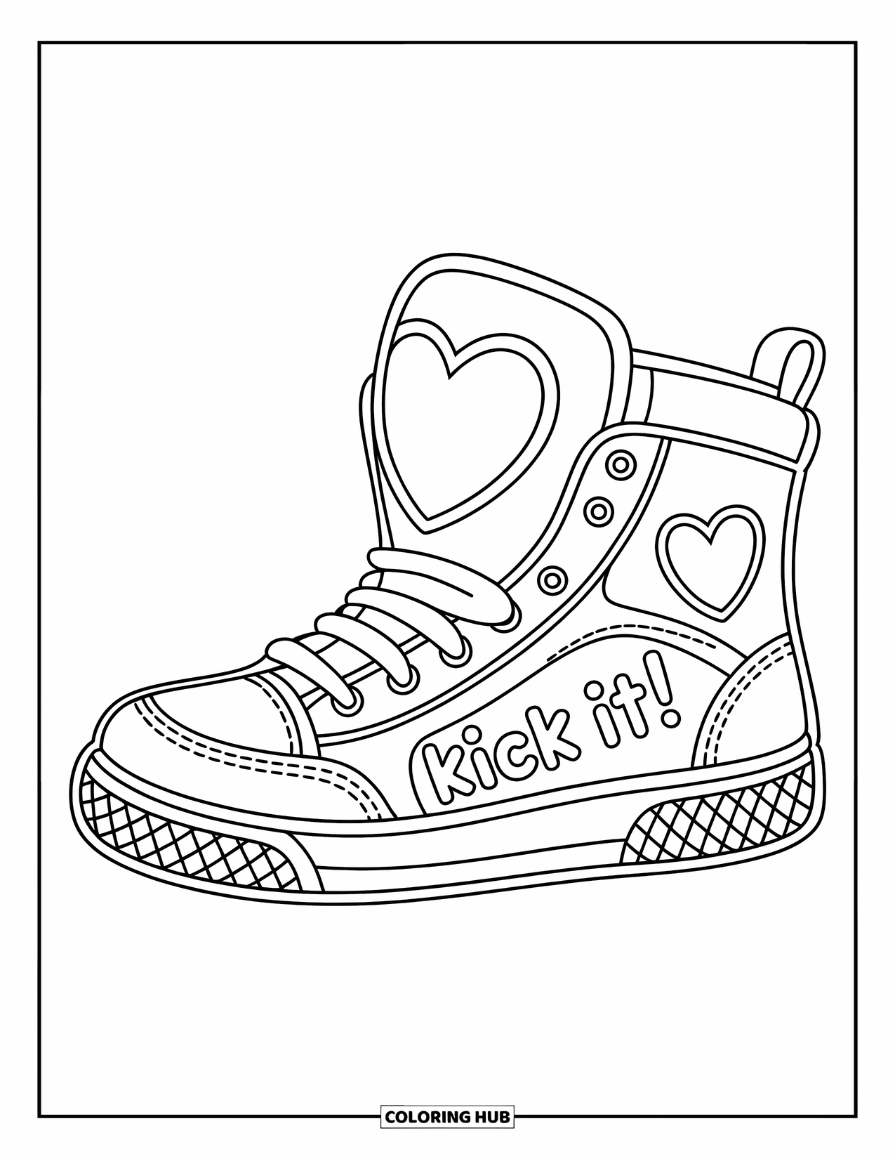 Sneaker Coloring Page for Kids: A heart-patched sneaker with loops and "Kick It!" on the side adds charm