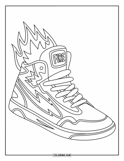 Coloriage de baskets pour enfants : Une haute basket s'embrase avec des flammes, des éclairs et un badge audacieux "FIRE"