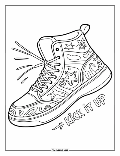Coloriage de baskets pour enfants : Une haute basket explose avec des étoiles, des tourbillons et "Kick It Up" sur le côté