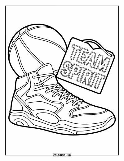 Coloriage de baskets pour enfants : Une haute basket se dresse à côté d'un ballon rebondissant et d'une étiquette audacieuse "TEAM SPIRIT"