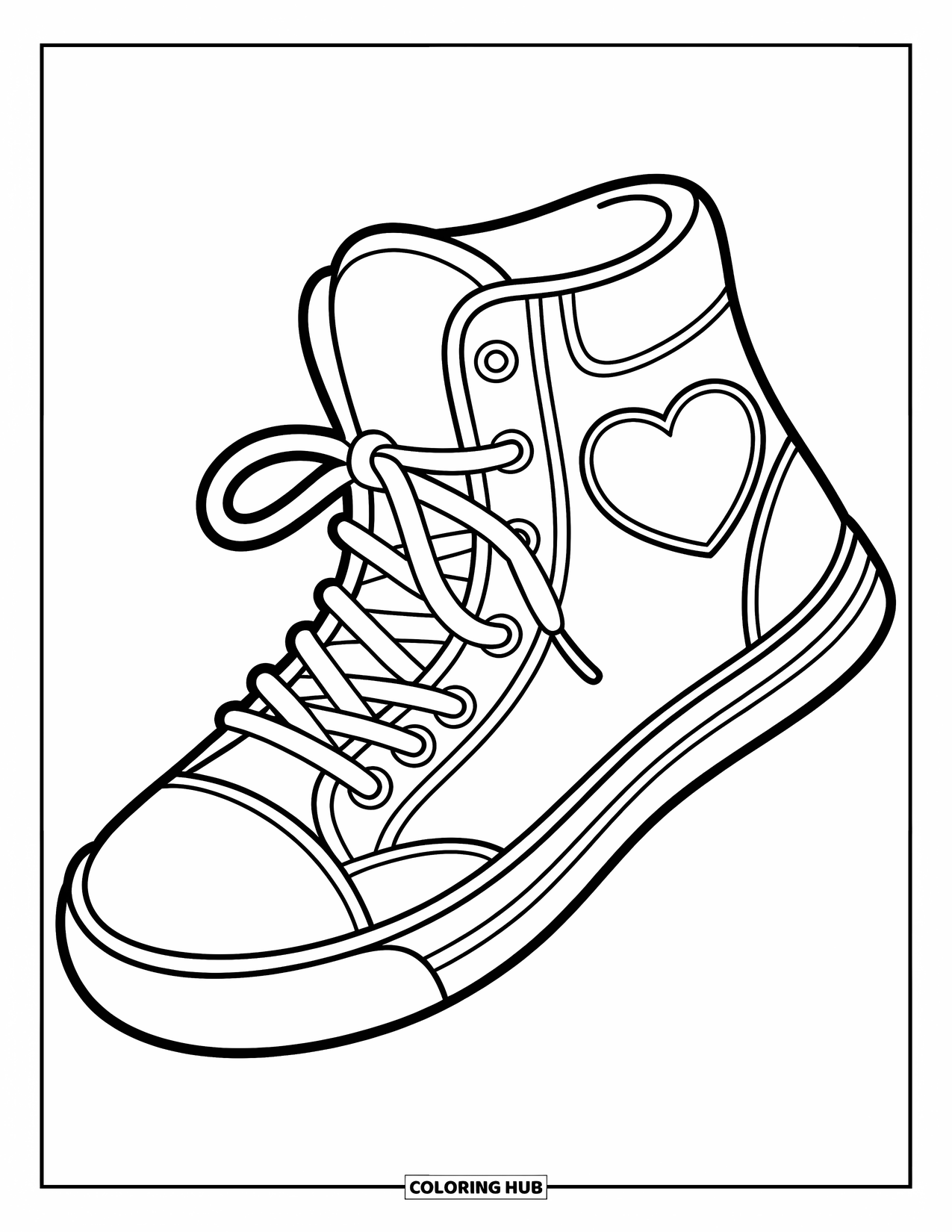 Sneaker Coloring Page for Kids: A high-top sneaker with a big heart patch and curly laces sits at a fun angle