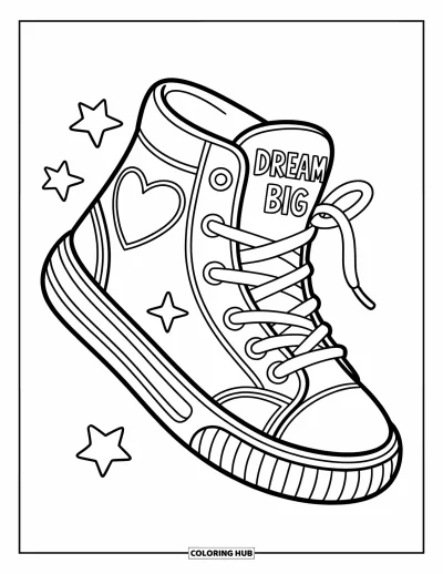 Coloriage de baskets pour enfants : Une haute basket avec des semelles cœur et nuage présente des lacets détachés et des détails étoilés