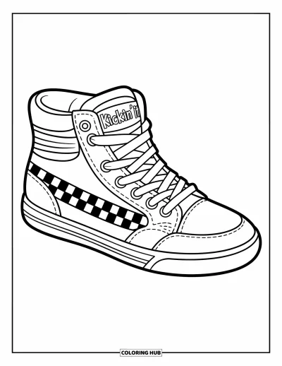 Coloriage de baskets pour enfants : Une haute basket à damier sur les côtés et "Kickin' It" sur la languette déborde de gaieté