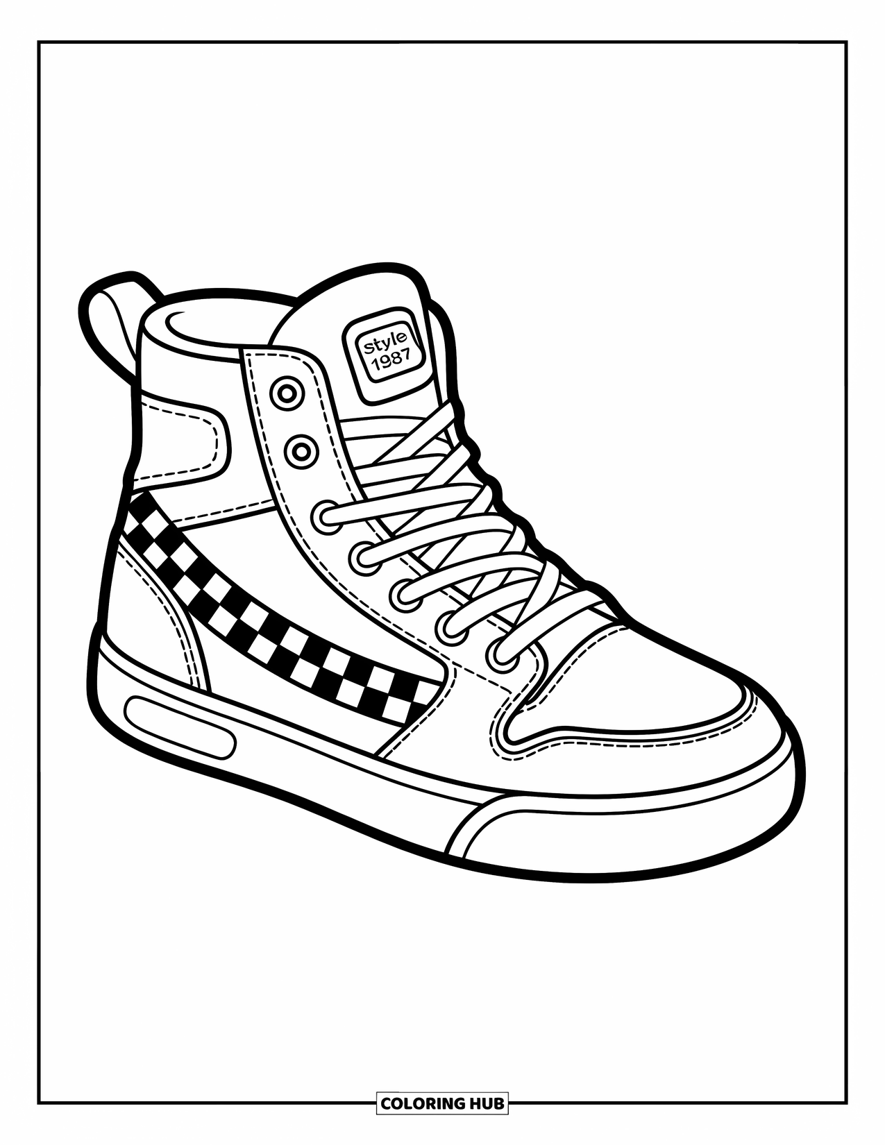 Sneaker Coloring Page for Kids: A high-top sneaker with checkers, stars, and a "Style 1987" tag stands out in style
