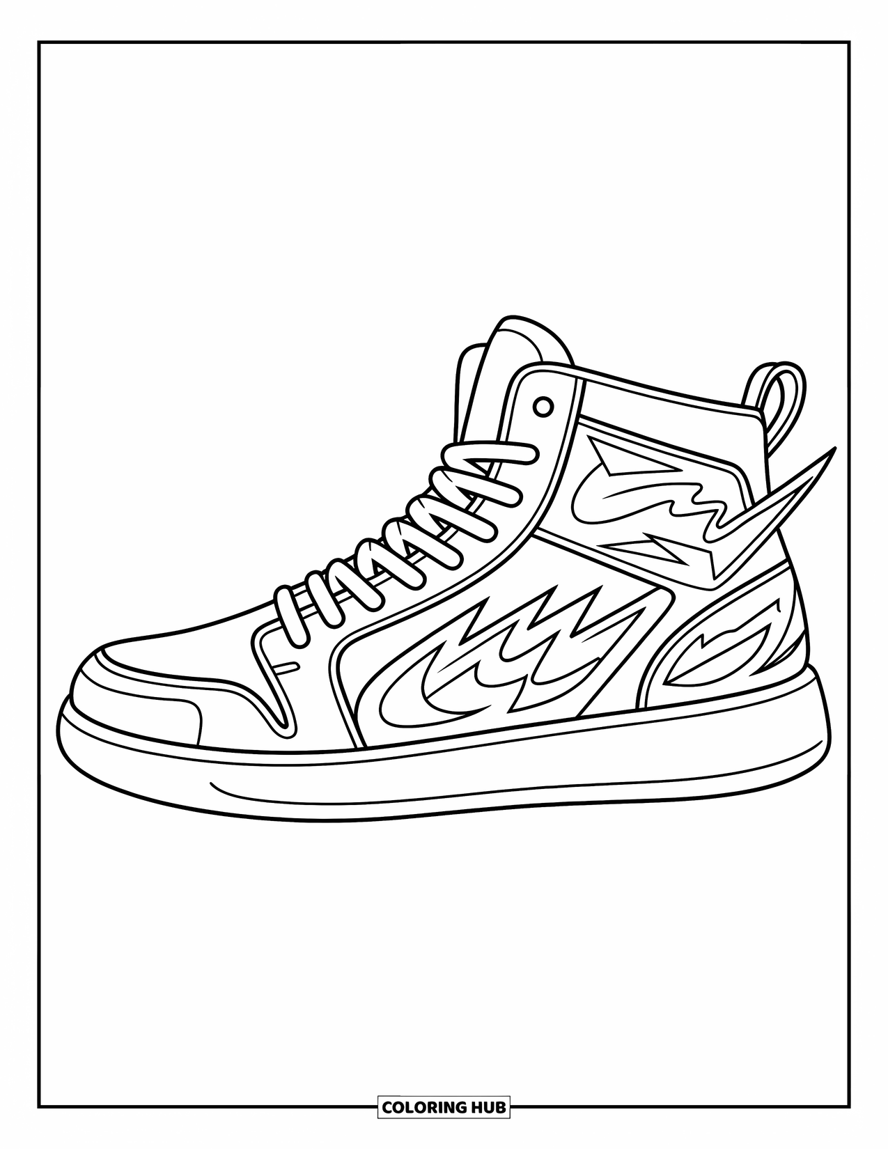 Sneaker Coloring Page for Kids: A high-top sneaker with flames and lightning wraps around bold patterns and sharp curves