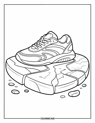 Coloriage de baskets pour enfants : Une basket moderne repose sur un pavé fissuré avec une semelle marquée et un angle arrondi pour plus d'allure
