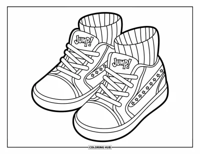 Coloriage de baskets pour enfants : Une paire de baskets arbore des détails étoilés et un graphisme "Jump!" sur les talons