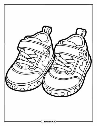 Coloriage de baskets pour enfants : Une paire de baskets avec des sangles en forme de cœur et des semelles à pois