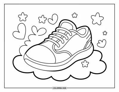 Coloriage de baskets pour enfants : Une basket gonflée repose sur un nuage avec des étoiles et des cœurs qui flottent autour