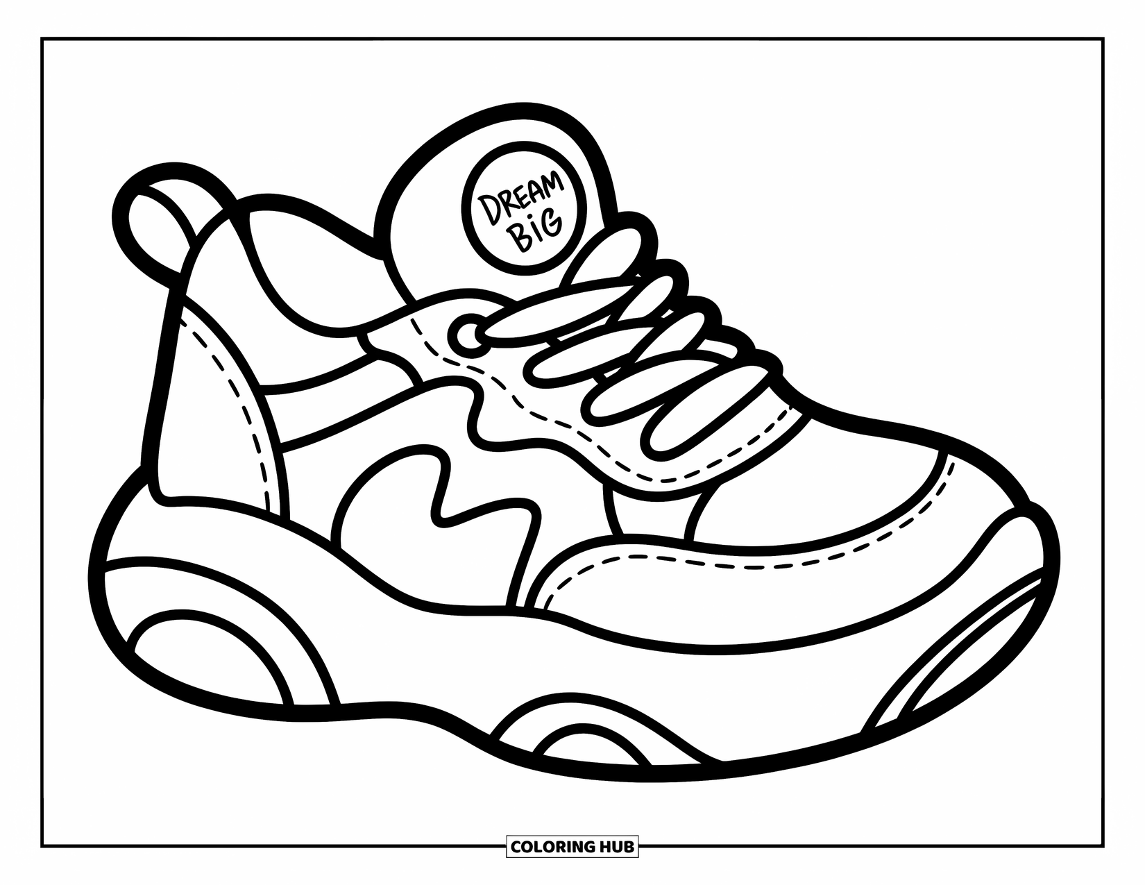 Sneaker Coloring Page for Kids: A round sneaker with zigzag laces and "Dream Big" on the side stands out