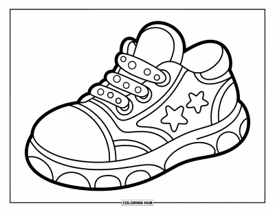 Coloriage de baskets pour enfants : Une basket arrondie avec des lacets à pois et des étoiles est pleine de fantaisie et de gaieté