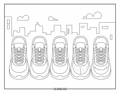 Coloriage de baskets pour enfants : Une rangée de baskets avec des tourbillons, des motifs floraux et une ville qui s'estompe en arrière-plan