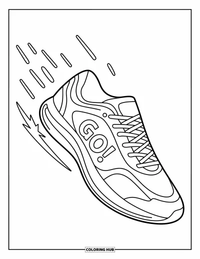 Coloriage de baskets pour enfants : Une basket de course s'envole en l'air avec des traits de vitesse et une étoile près du talon