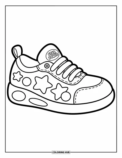 Coloriage de baskets pour enfants : Une basket unique avec des étoiles et une bannière "Step into Fun!" se dresse fièrement
