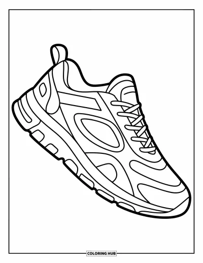 Coloriage de baskets pour enfants : Une basket élancée en mouvement arbore des panneaux en mesh et des semelles bien marquées