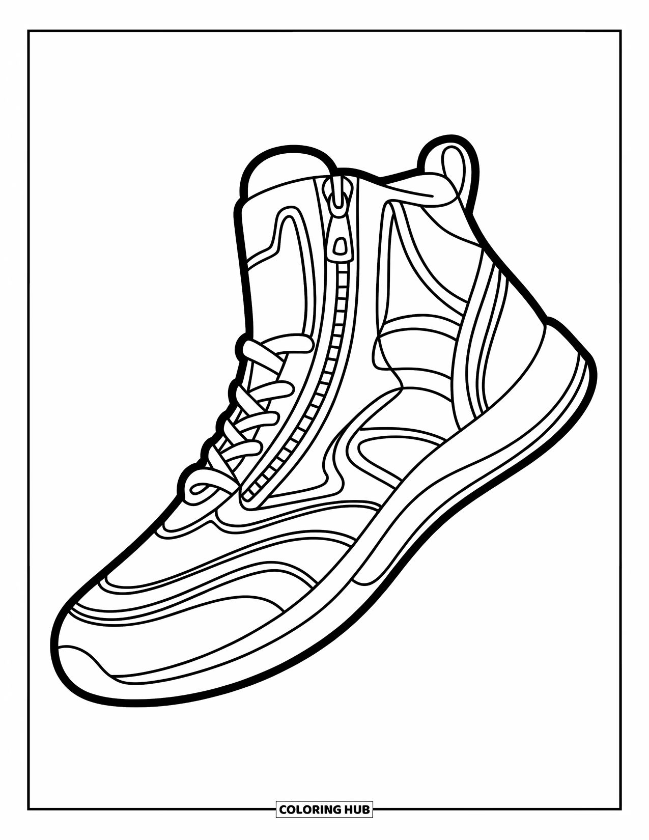 Sneaker Coloring Page for Kids: A sleek sneaker with zippers and patterns pops in a bold angled view