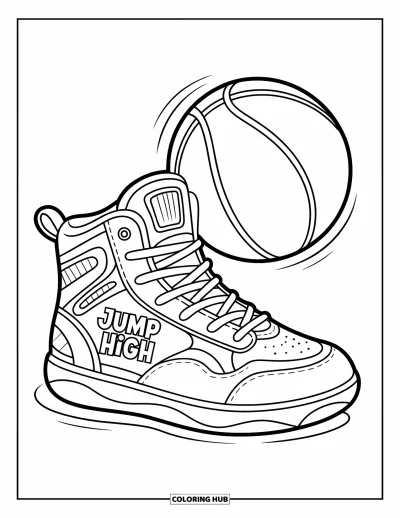 Coloriage de baskets pour enfants : Une basket et un ballon de basket rebondissent côte à côte avec "Jump High" brillant sur le côté