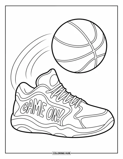 Coloriage de baskets pour enfants : Une basket et un ballon de basket font équipe avec "Game On!" caché dans le design