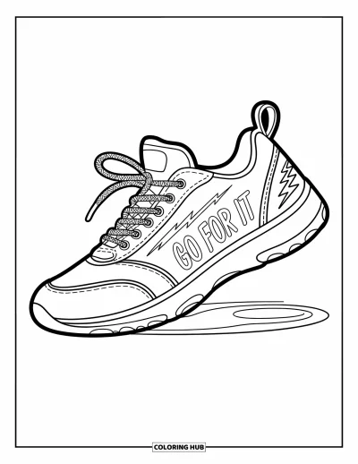 Coloriage de baskets pour enfants : Une basket brille en dessous avec des lacets audacieux, des éclairs et un design amusant