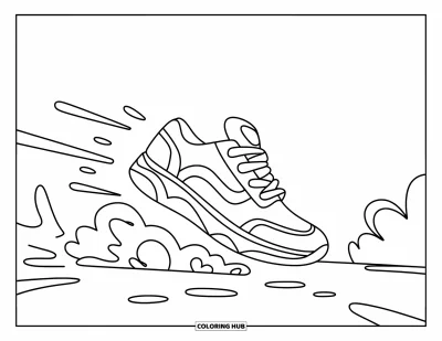 Coloriage de baskets pour enfants : Une basket en plein mouvement soulève de la poussière avec des lignes de mouvement qui la suivent
