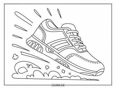 Coloriage de baskets pour enfants : Une basket se penche en avant avec de grands lacets, des nuages de poussière et des marques de semelle prononcées