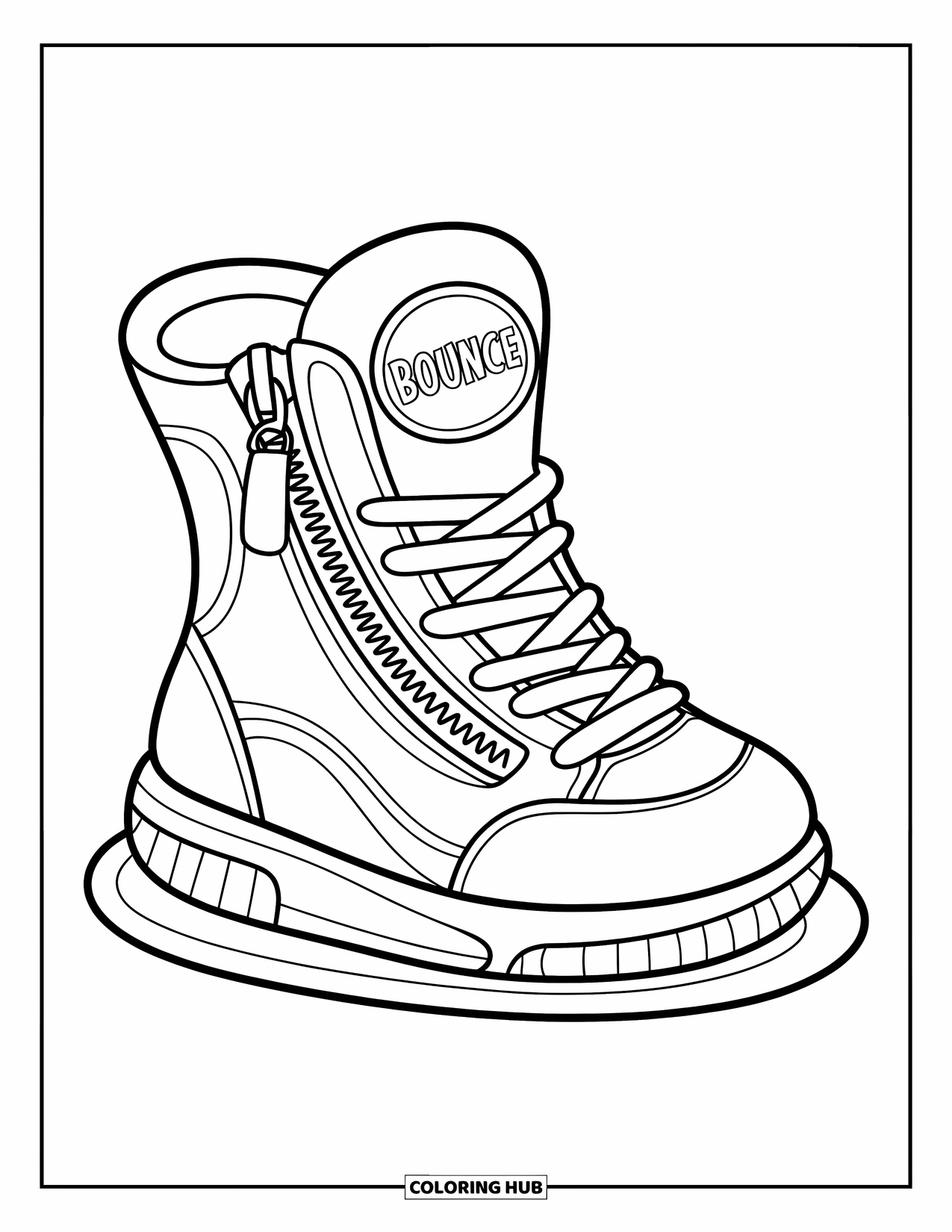 Sneaker Coloring Page for Kids: A sneaker with a "Bounce" patch rests on a curved platform full of texture and fun