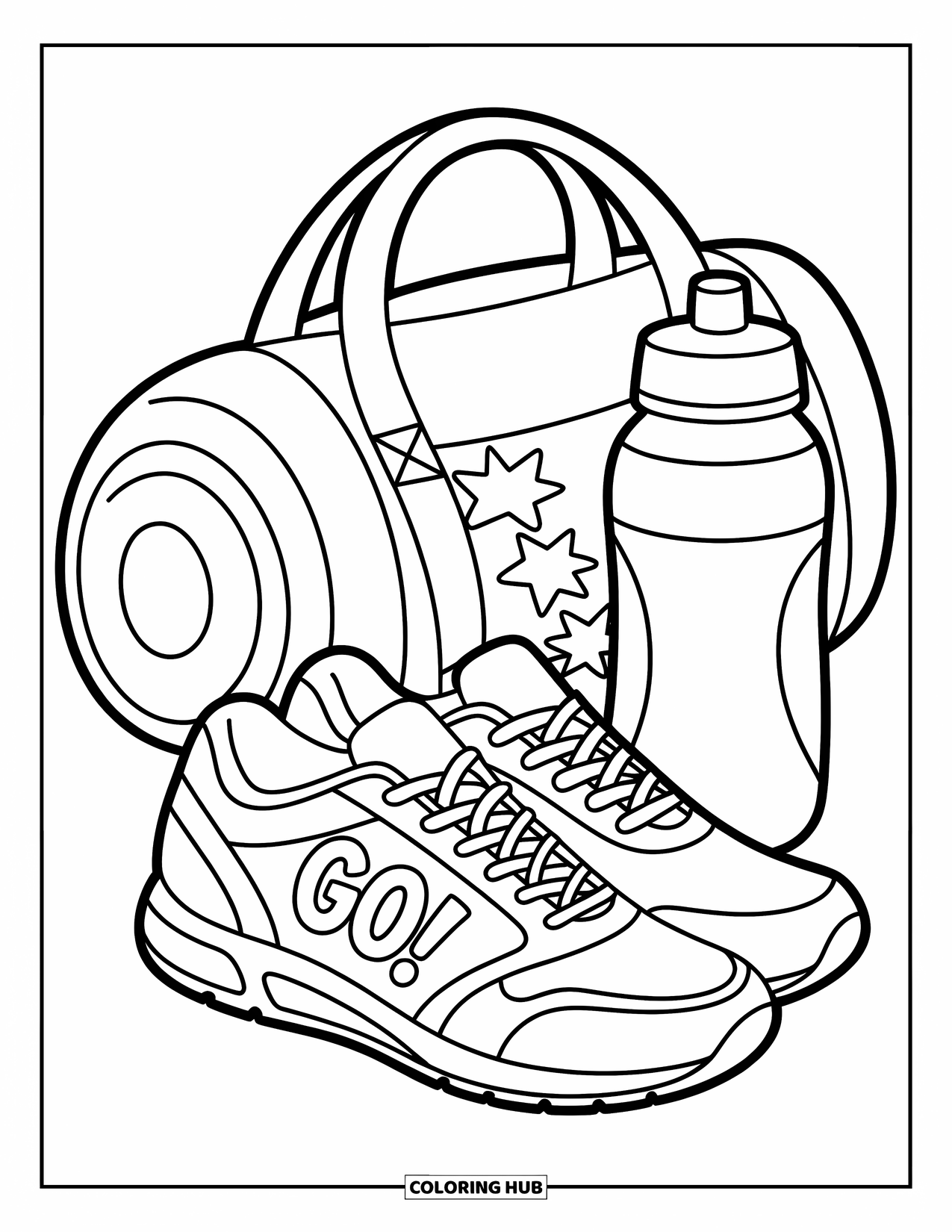 Sneaker Coloring Page for Kids: A sneaker with a "GO!" logo sits with a starry gym bag and a cool bottle