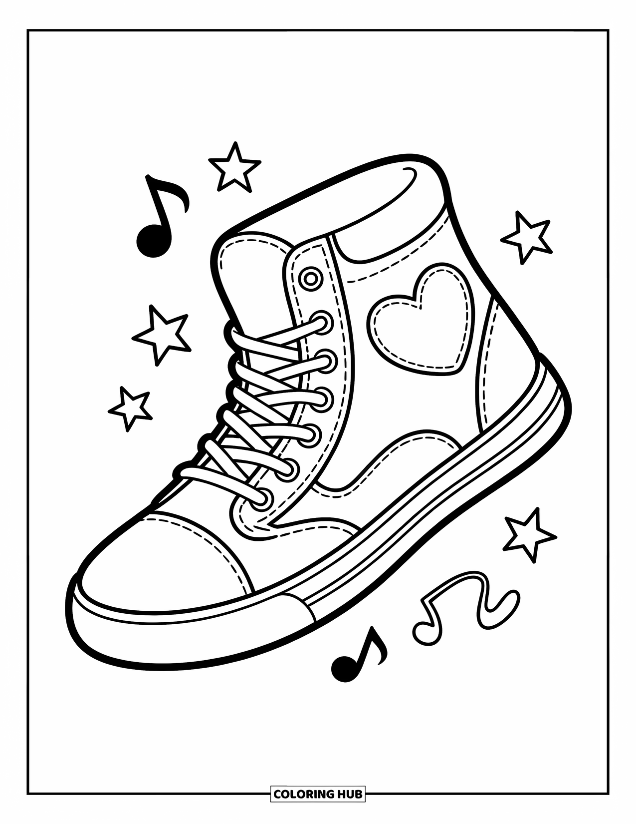 Sneaker Coloring Page for Kids: A sneaker with a heart, stars, and music notes dances mid-step