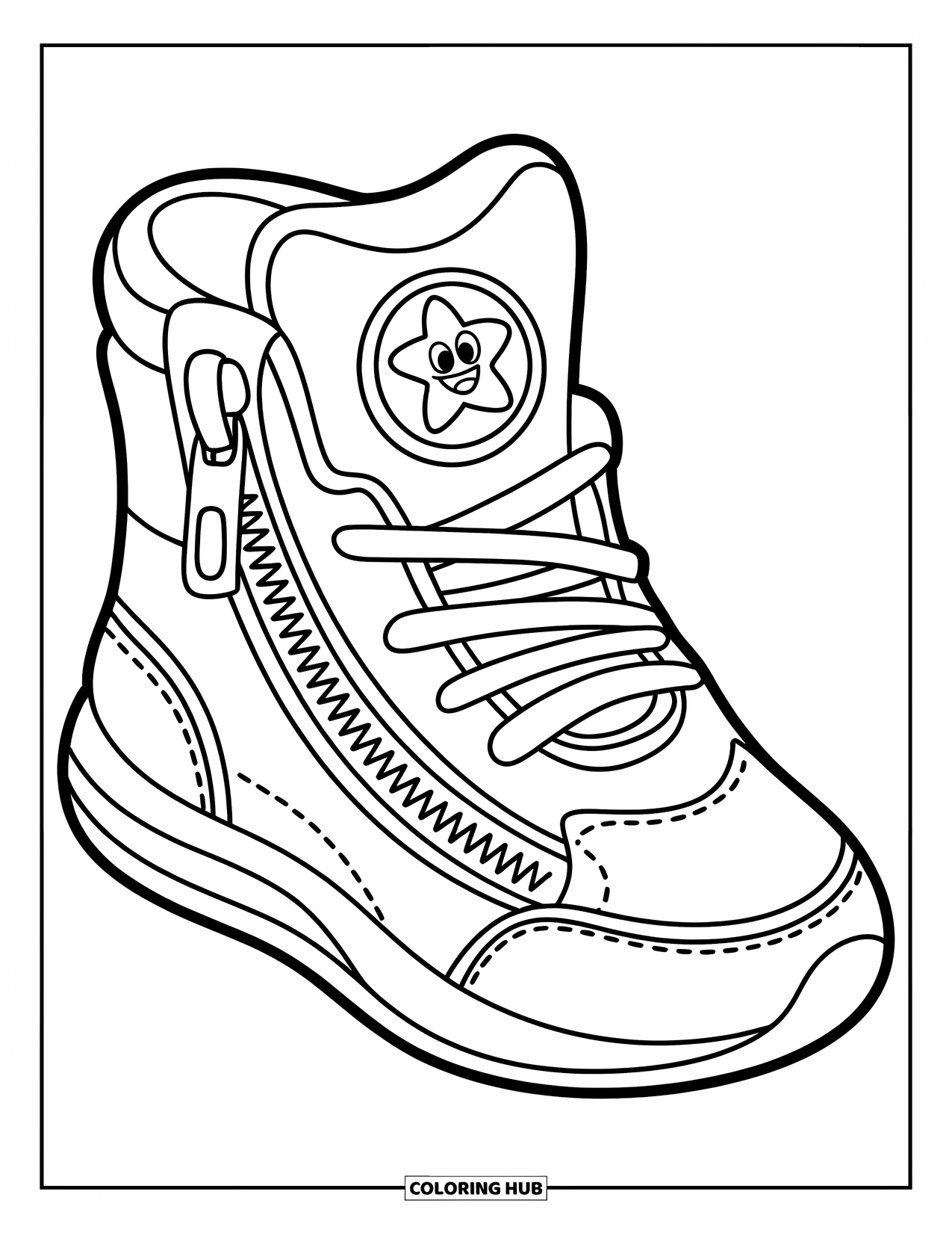Sneaker Coloring Page for Kids: A sneaker with a star patch and zipper stands out with playful stitching and padded sides