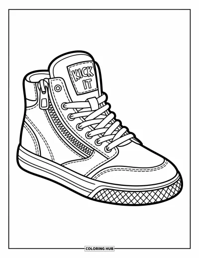 Coloriage de baskets pour enfants : Une basket avec une fermeture éclair et un patch "Kick It" arbore une semelle et des coutures bien marquées