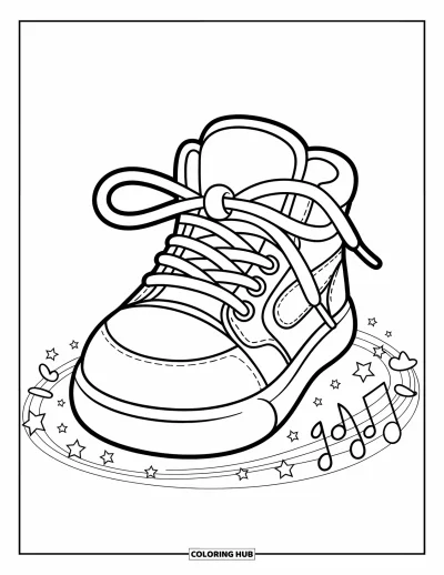 Coloriage de baskets pour enfants : Une basket avec des lacets bouclés repose sur des étoiles et des notes de musique pour une ambiance joyeuse