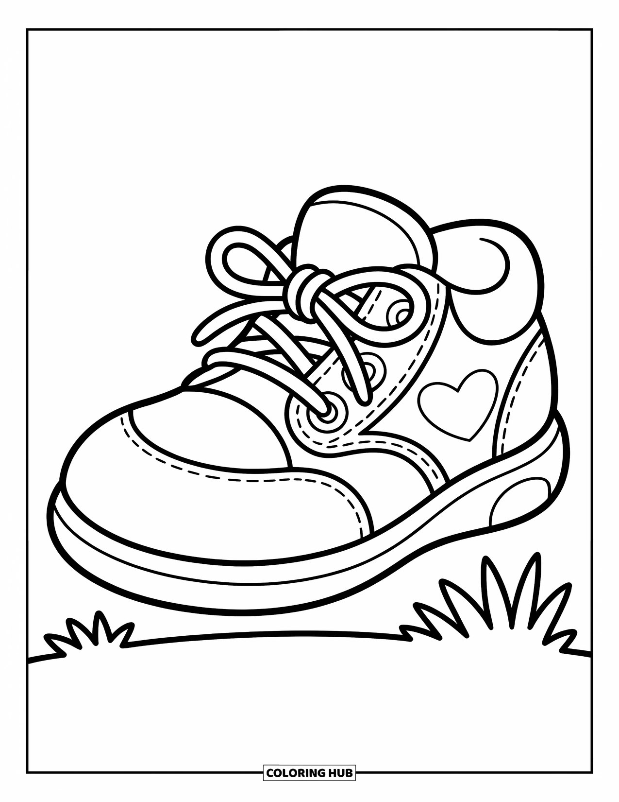 Sneaker Coloring Page for Kids: A sneaker with curved laces, side dots, a heart patch, and grass at the base