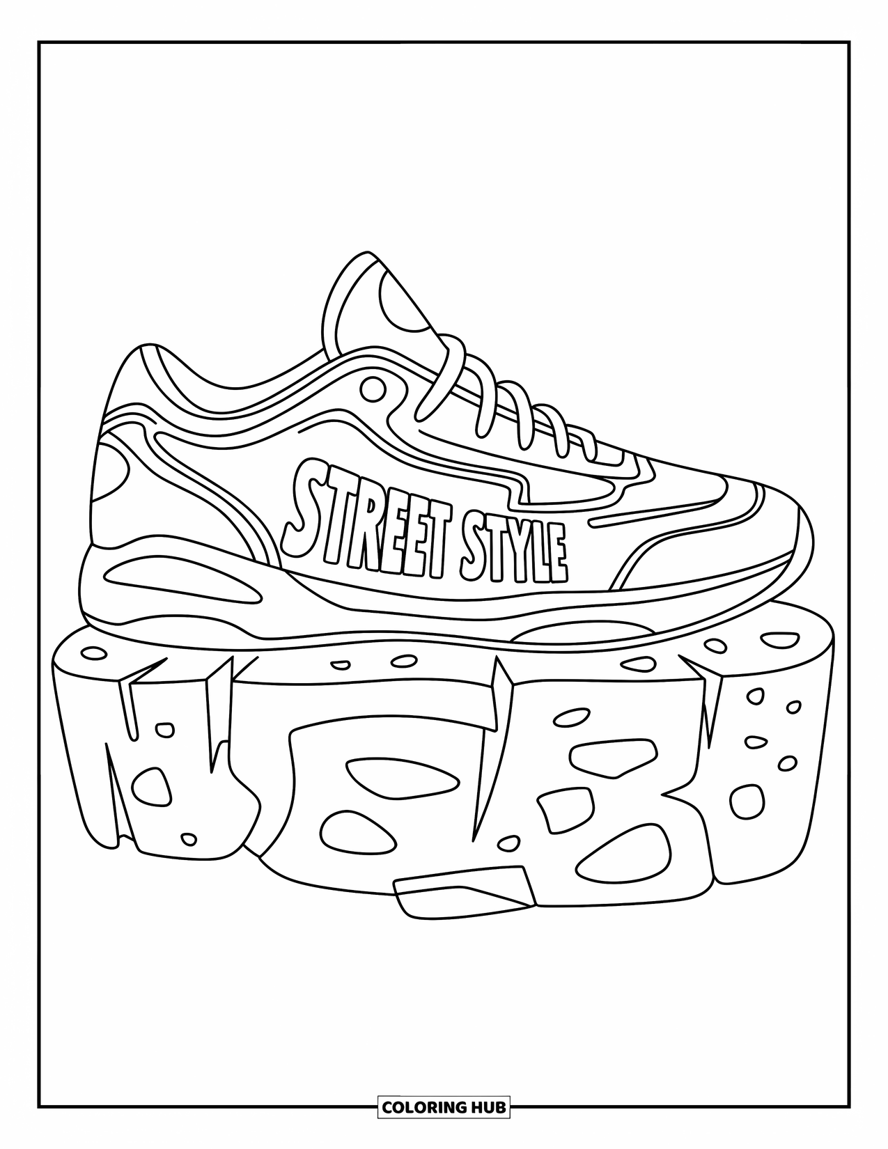Sneaker Coloring Page for Kids: A sneaker with detailed laces and cracks below shows off "Street Style" with attitude