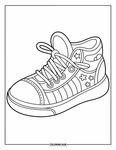 Coloriage de baskets pour enfants : Une basket avec des empreintes de pattes, des rayures et un embout arrondi affiche fièrement "Step into Fun!"