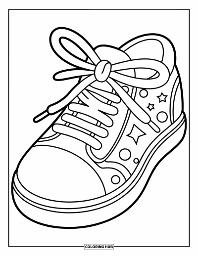 Coloriage de baskets pour enfants : Une basket avec des pois, des étoiles et un lacet épais noué en nœud
