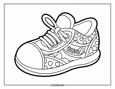 Coloriage de baskets pour enfants : Une basket avec des étoiles, des points et une bannière "RUN!" déborde d'énergie