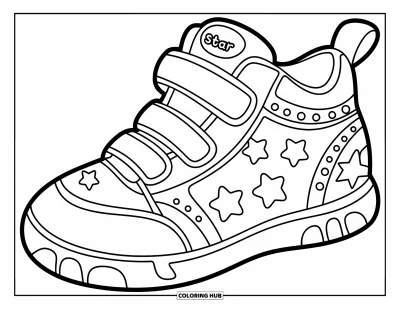Coloriage de baskets pour enfants : Une basket avec des sangles et des étoiles repose avec une étiquette "STAR" près du talon