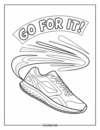 Coloriage de baskets pour enfants : Une basket qui s'envole file avec "GO FOR IT!" au-dessus et des formes intégrées dans la semelle