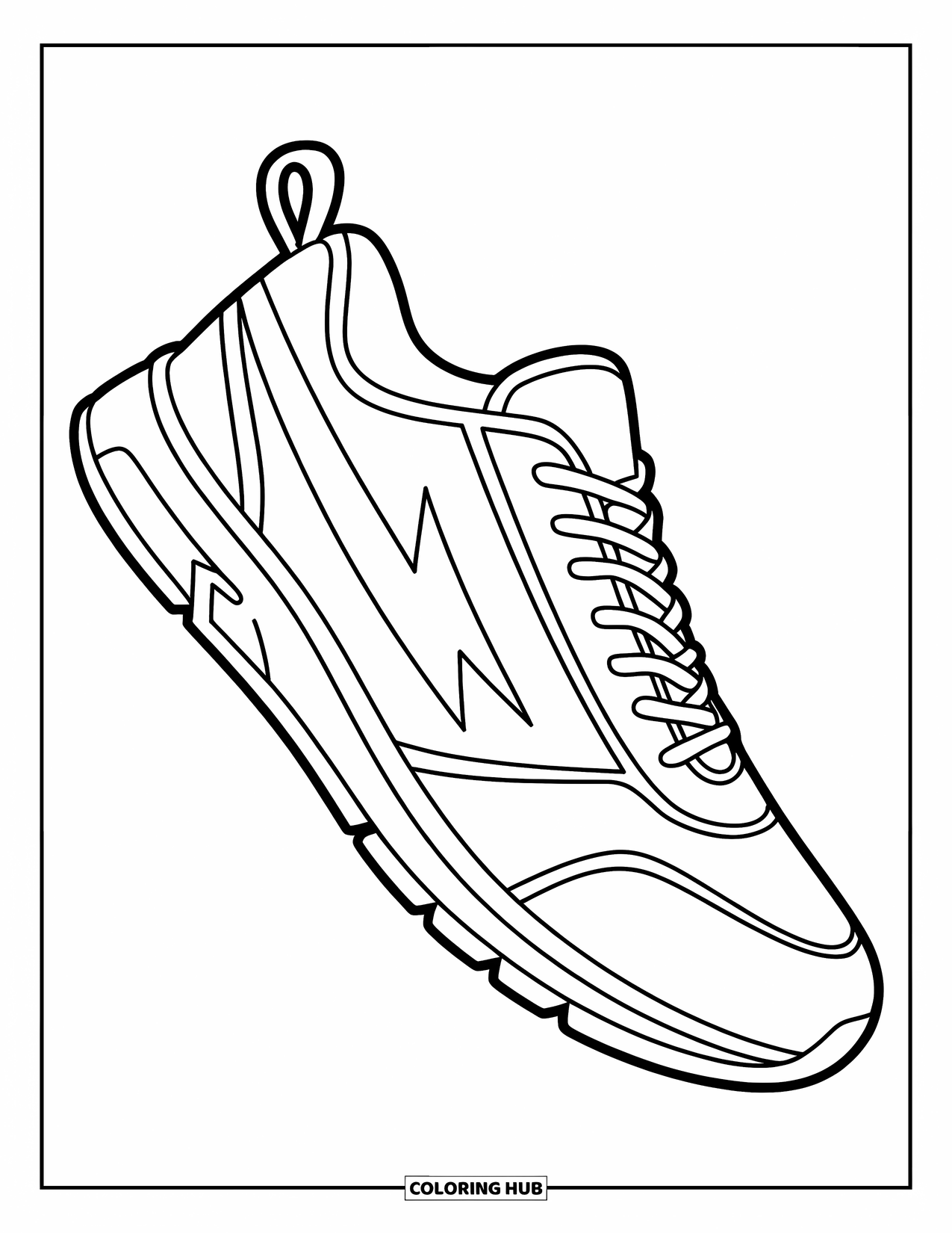 Sneaker Coloring Page for Kids: A sporty sneaker bends mid-step with a lightning bolt on the heel