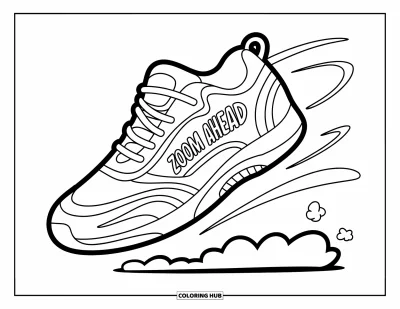 Coloriage de baskets pour enfants : Une basket sportive fonce en avant avec "Zoom Ahead" caché dans le design