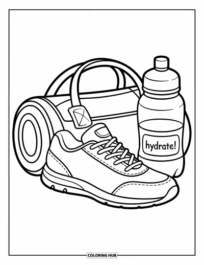 Coloriage de baskets pour enfants : Une basket sportive repose près d'un sac de sport et d'une gourde "Hydrate!", prête à l'action