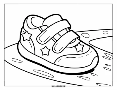 Coloriage de baskets pour enfants : Une basket étoilée avec des sangles entrecroisées repose sur un chemin arrondi