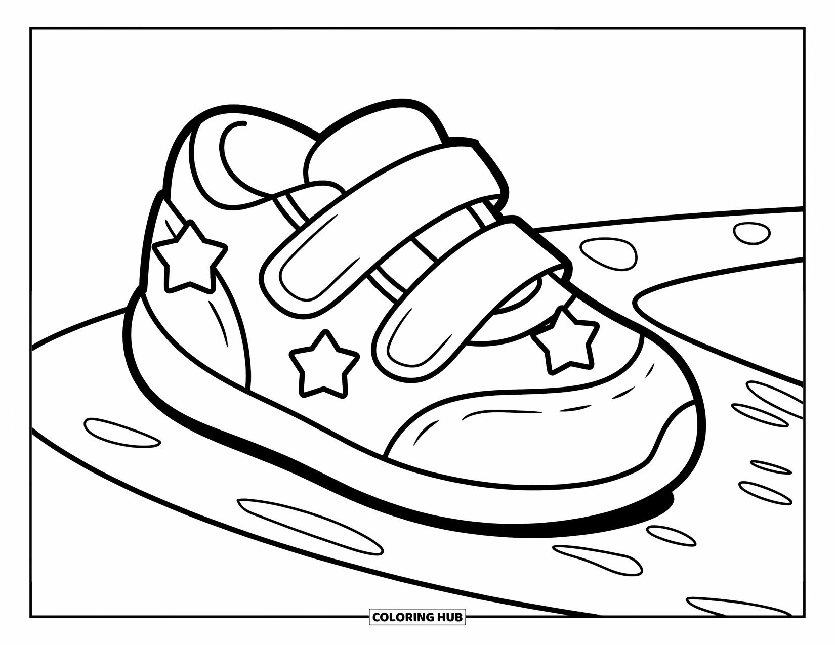 Sneaker Coloring Page for Kids: A starry sneaker with crisscross straps sits on a curved path
