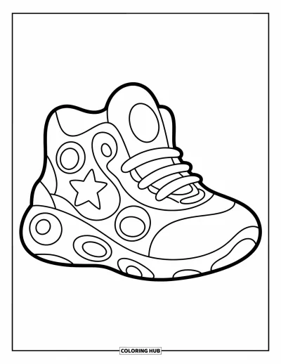 Coloriage de baskets pour enfants : Une basket étoilée avec des tourbillons et des découpes rondes a un aspect joyeux et généreux